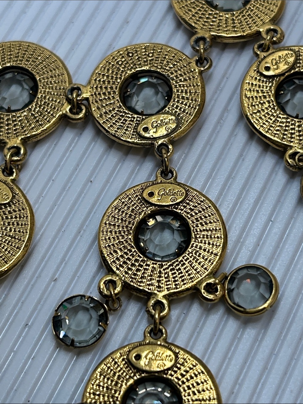 Vintage Goldette Gold Circular Disc Bib Necklace with Clear Crystal Drops - Picture 10 of 13